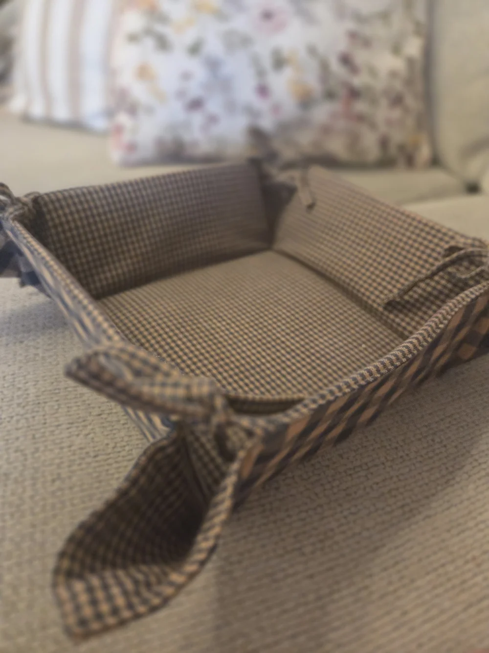 Gingham Fabric Tray with Corner Ties